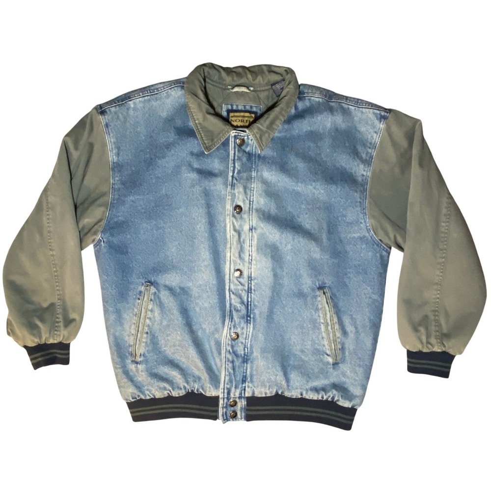 Vintage North Bay Denim Varsity Bomber Jacket Blue Green Quilted 90s Men's Large